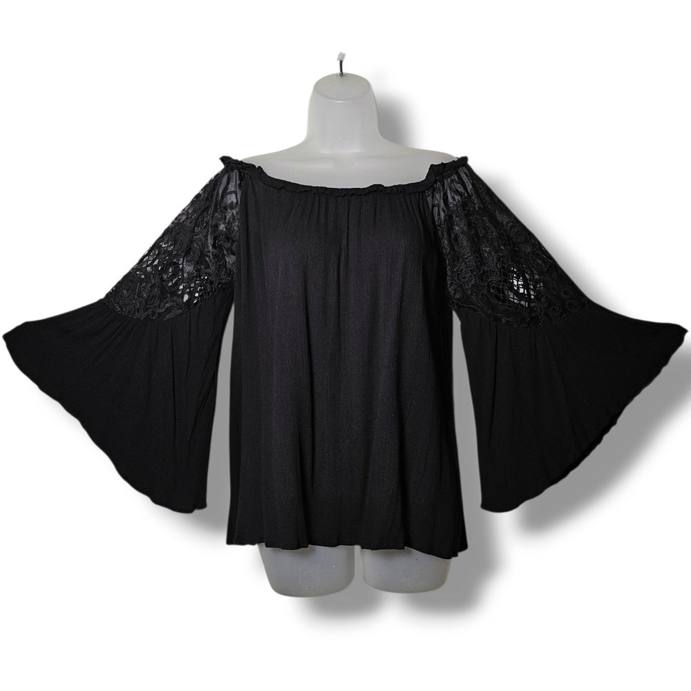 Umgee 90s Y2K Whimsigoth Top L Black Lace Bell Sleeve Dark Fairy Romantic Witchy